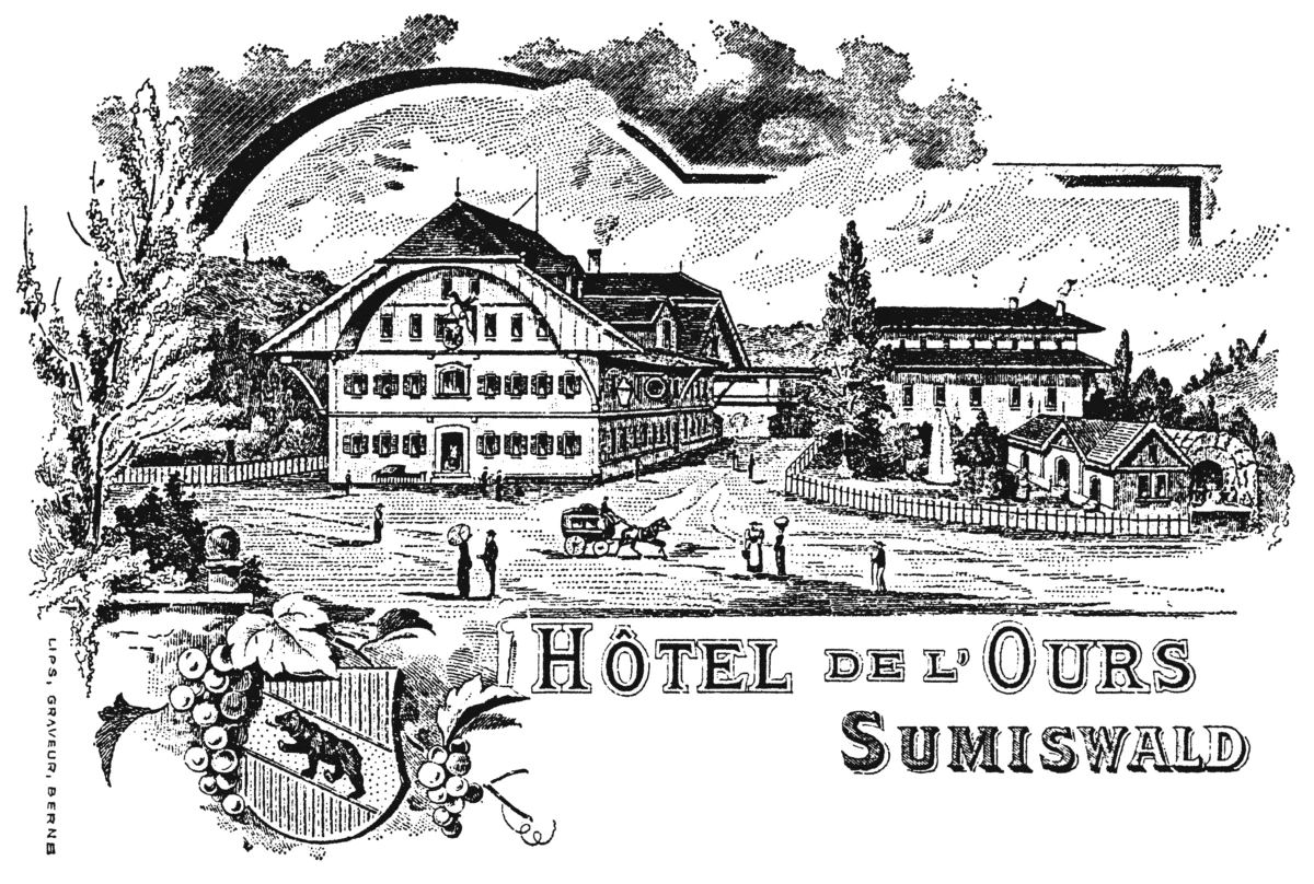 Historische Lithografie 'Hôtel de l'Ours Sumiswald' mit Pferdekutsche