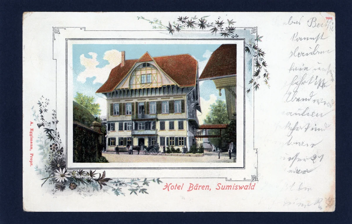 Alte kolorierte Postkarte 'Hotel Bären, Sumiswald' mit handschriftlicher Widmung