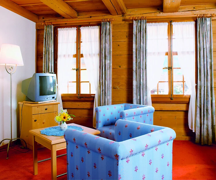 Hotelzimmer mit Holzdecke, blauer Sitzgruppe und Fernseher