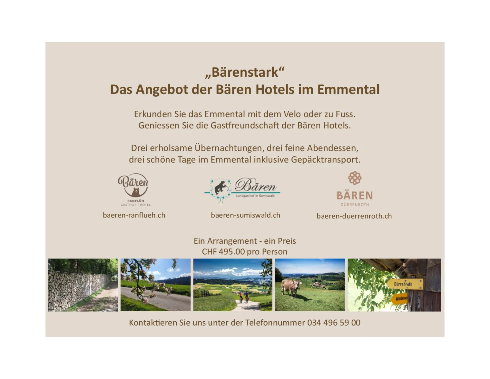 Flyer Bärenstark, das Angebot der Bären Hotels im Emmental, drei Übernachtungen und drei Abendessen für CHF 495.00 pro Person