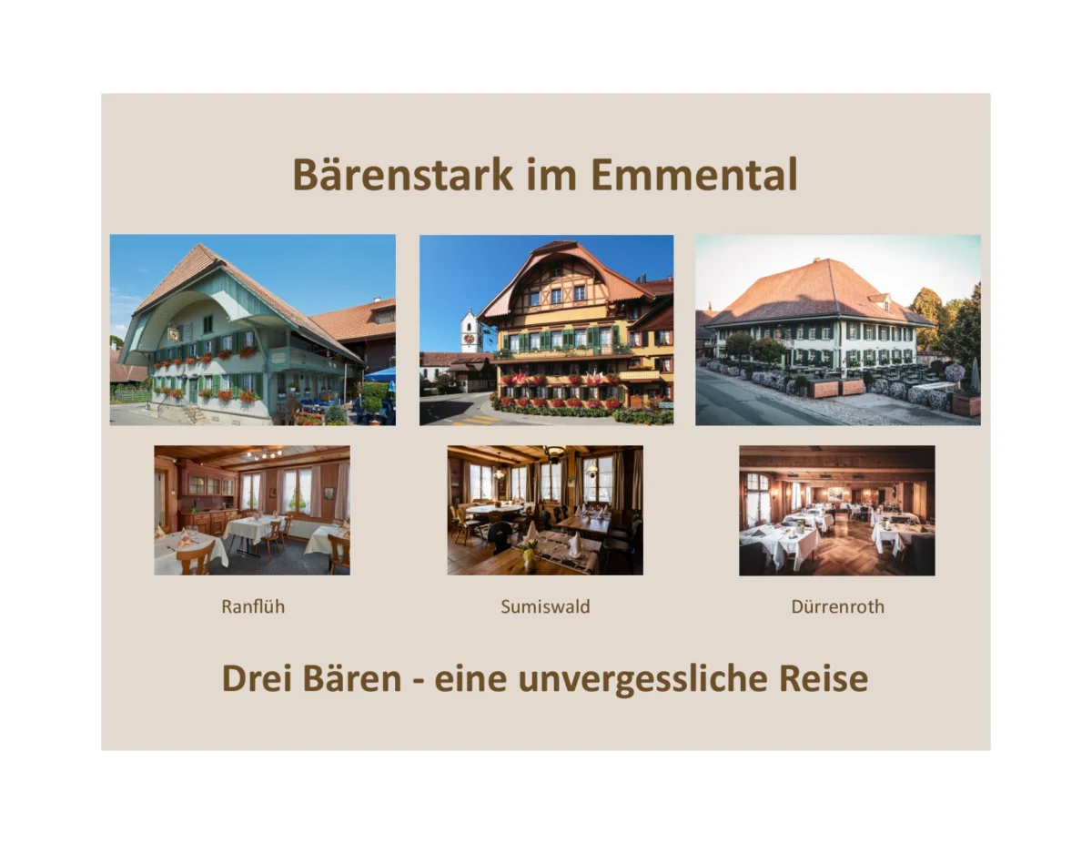 Flyer Bärenstark im Emmental mit den drei Bären Ranflüh, Sumiswald und Dürrenroth, Aussen- und Innenansichten