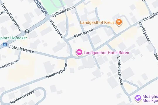 Kartenausschnitt von Google Maps: Landgasthof Bären an der Marktgasse 1 in Sumiswald, mit Kirchgasse, Spitalstrasse und Haldenstrasse