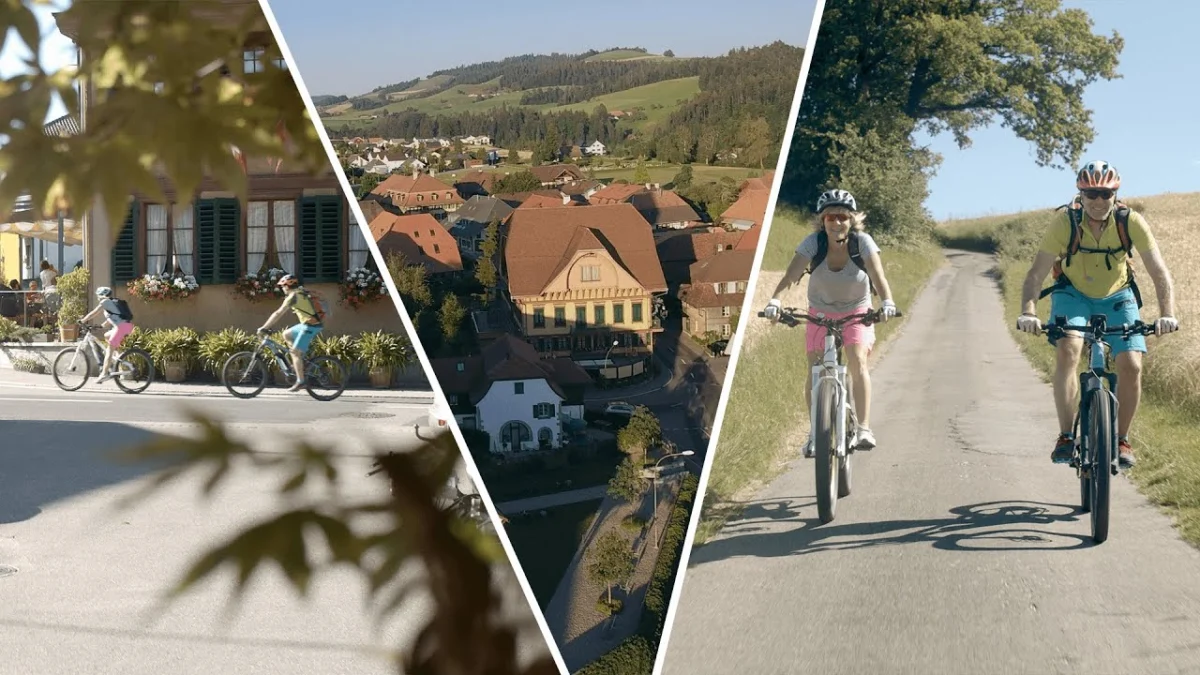 Drei Bilder aus dem Film: Velofahrende vor dem Landgasthof Bären, Luftbild von Sumiswald, Velofahrer auf einem Feldweg